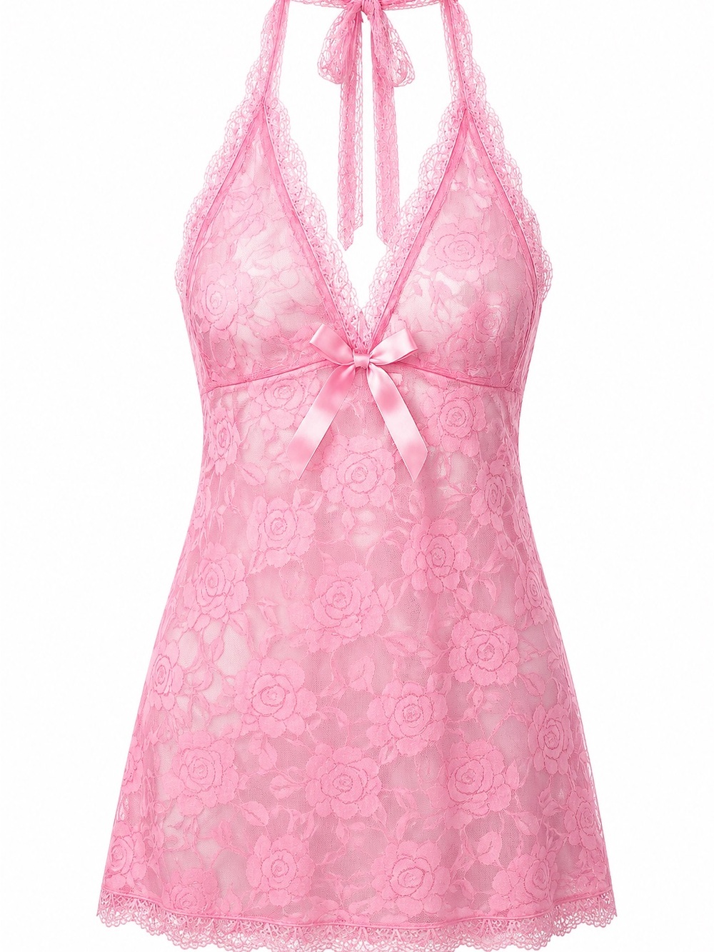 Sheer Lace Halter Chemise with Satin Bow - Pink